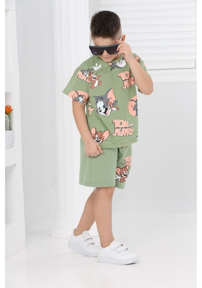Veramoni Unisex Tom&jery Baskılı Kısa Kollu Şortlu İkili Takım Yeşil