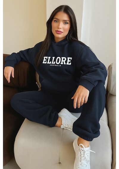 Ellore Australia Eşofman Takımı Sweatshirt Jogger - Lacivert Baskılı Oversize Şardonlu Kapüşonlu Lacivert