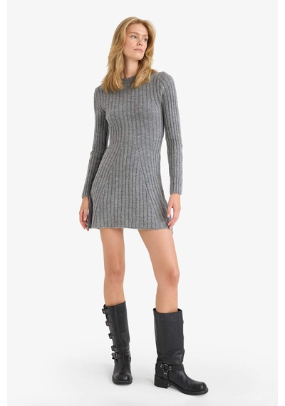 Defacto Bisiklet Yaka Ribana Uzun Kollu Mini Elbise F3893ax25wngr277 Gri
