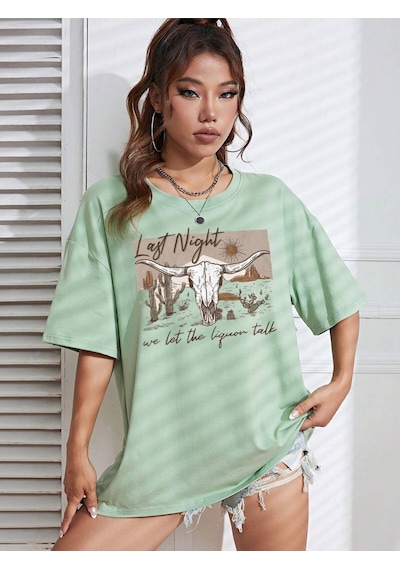 Noıssey Karikatür Ve Grafik Tasarım Oversize T-shirt Cartoon/letter Serisi Kod811 Mavi