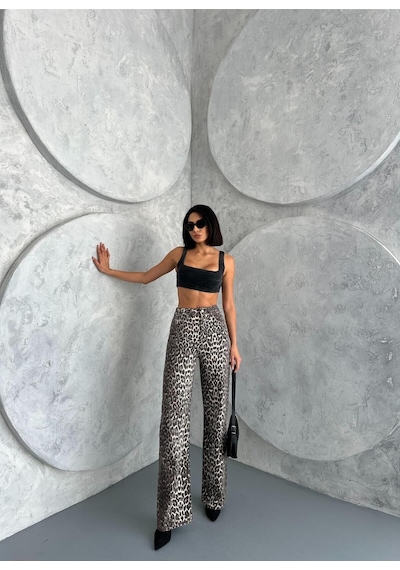 Zeo Basic Wide-leg Pantolon Leopar Desnli Bej Bej