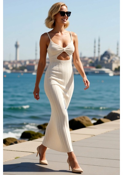 Benerly Kadın Kolsuz Triko Maxi Elbise Balıkçı Yaka Cut Out Detaylı Plaj Ekru