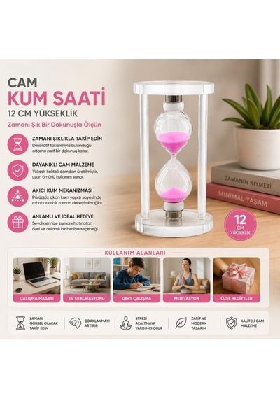 Premium Salon Objesi Arkadaşa Hediye Kitaplık Süsü Orta Boy Cam Standlı Kum Saati - 12 Cm