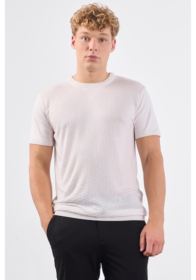 Dufy Ekru O Yaka Düz Renk Kısa Kollu Slim Fit Triko Tshirt Ekru