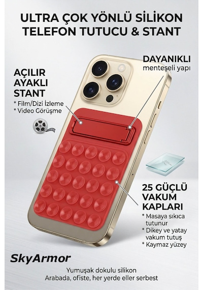 Standlı Silikon Telefon Tutucu Aynaya Ve Cama Yapışan Vantuzlu Selfie Standı Sky165 Kırmızı