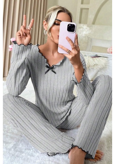Epilons Zenviaatt2 Kadın Gri Çizgili Uzun Kollu Fiyonk Detaylı Pijama Takımı Rahat Mevsimlik Zenvi312