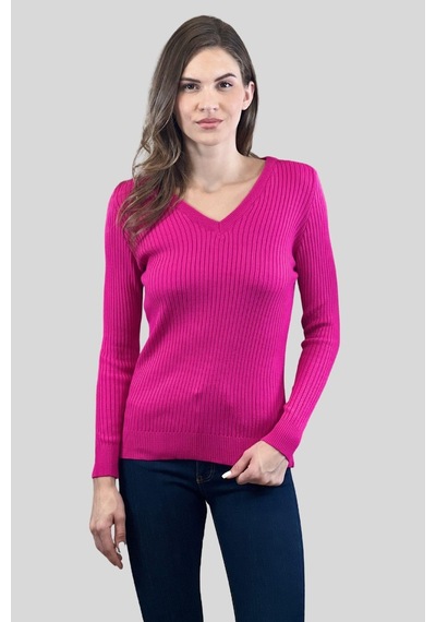 Miss Poem Kadın V Yaka Slim Fit Fitilli Uzun Kışlık Ekru Triko Kazak Fuşya