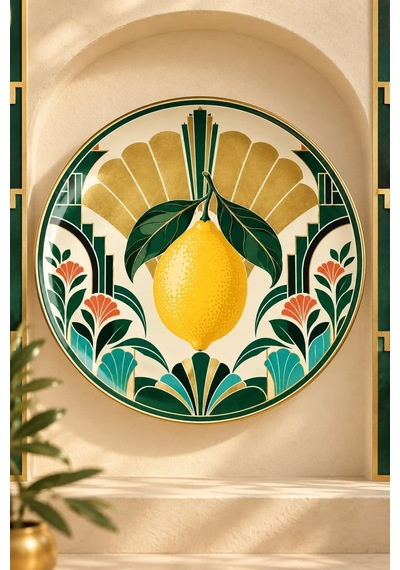 Dekoratif Duvar Tabağı Limonlu Art Deco Bahçe Dekorlu Seramik Tabak Bej