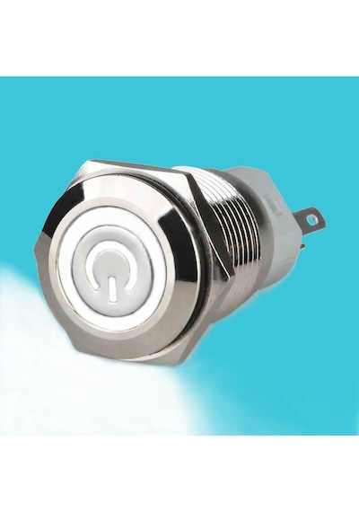 Alkatronik 16mm Metal Buton Beyaz Power Sembol Led Işıklı Panel Montaj Düz Kafa Kilitlemeli Dc 6a 12v Ip67 Düğm 1