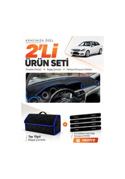 E-biz Mercedes W204 C180 2007-2014 Uyumlu Torpido Örtüsü + Tay Tüyü Çanta - Siyah-mavi - Mb006