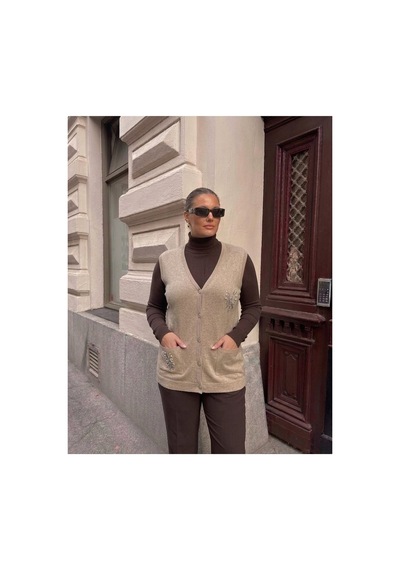 Onno Style Women Cebi Taşlı Çelik Örgü Klasik Triko Yelek Krem