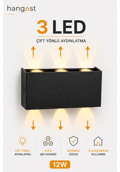 Pilli Amber 3 Led Dekoratif Duvar Apliği Çift Yönlü Yukarı Aşağı Aydınlatma İç & Dış Mekan Duvar Lambası Siyah