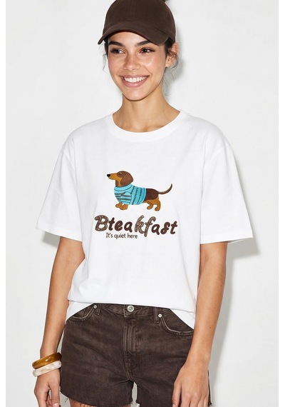 Shade Kadın Bisiklet Yaka Nakış Ve Boncuk İşlemeli Oversize T-shirt 2221 60286122 - Beyaz
