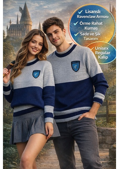 Harry Potter Ravenclaw Quidditch Sweatshirt Lisanslı Örme Kazak Mavi Gri Unisex - Xl Beden