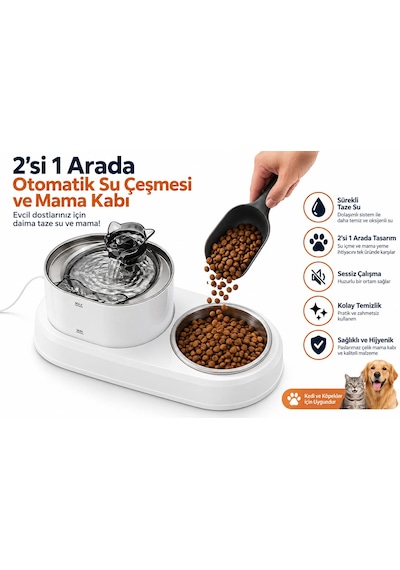 Kedi Köpek İçin 2'si 1 Arada Öşft Otomatik Su Sebili 1.8 Litre Ve Mama Kabı Besleme Seti Su Çeşmesi Sürekli Taze Su Evcil Hayvan