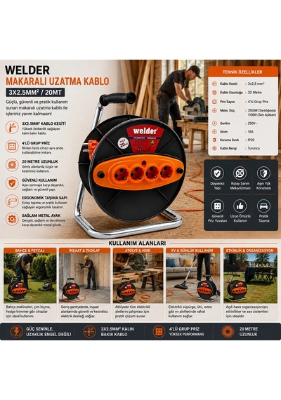 Ct Welder 3x2.5mm 20mt Makaralı Uzatma Kablo Bx40 0