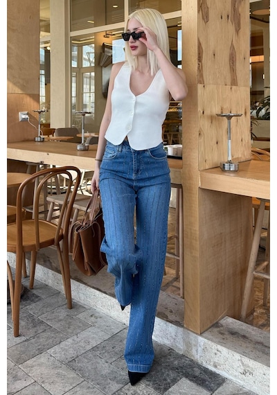 Madmext Mavi Yüksek Bel Likralı Taşlı Kadın Jean Pantolon Mg2271 Mavi