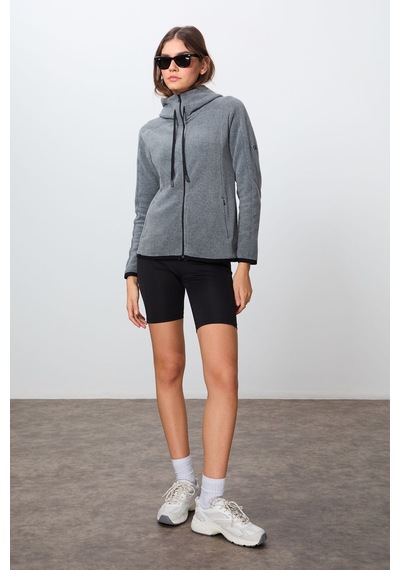 Tommy Life Gri Melanj Kalın Yumuşak Dokulu Kapüşonlu Standart Fit Nakışlı Polar Kadın Sweatshirt -97287 Gri Melanj