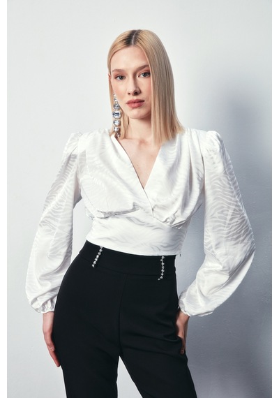 Sateen Desenli Kruvaze Saten Bluz - Ekru-134488 Ekru