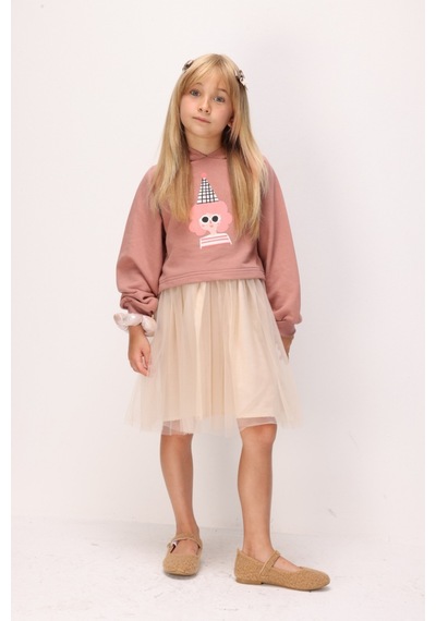 Le Mabelle Pudra Baskılı Kız Çocuk Kapüşonlu Sweatshirt Ve Elbise Takım - Fawn Pembe