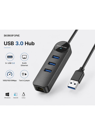 3'ü 1 Arada Usb 3.0 Çoklayıcı 3 Port + Rj45 Ethernet Lan Adaptörü