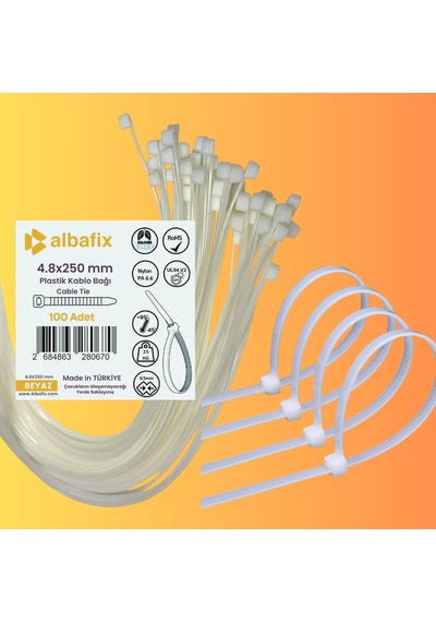 4.8x250 Mm Şeffaf Beyaz Plastik Kablo Bağı Klipsi Cırt Kelepçe 100 Adet