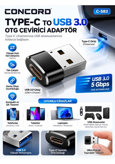 Concord C-583 Type-c To Usb 3.0 Otg Çevirici Adaptör Telefon Tablet Pc Uyumlu Siyah Veri Aktarım Dönüştürücü