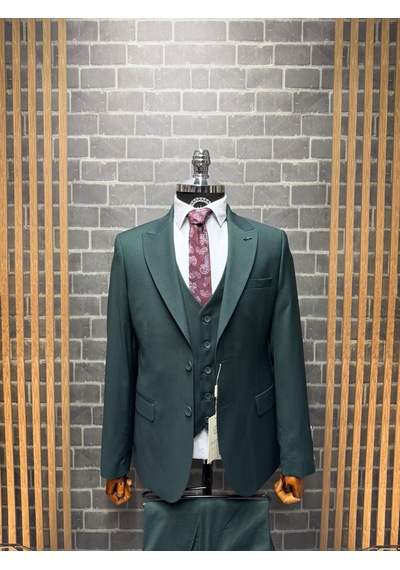 Dupont Classics Erkek Slim Fit 6 Drop Sivri Yaka Yelekli Kırçıllı Çift Yırtmaç Takım Elbise Yeşil