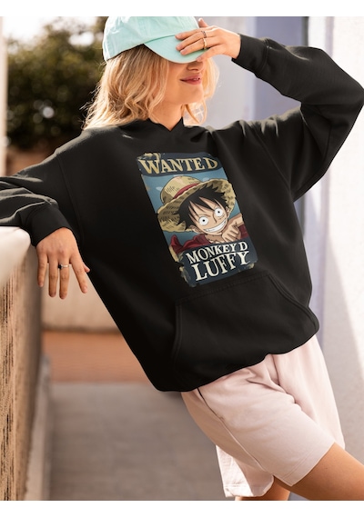 Sevbano Wanted Monkey D. Luffy Baskılı Unisex Oversize One Piece Anime Ho Siyah