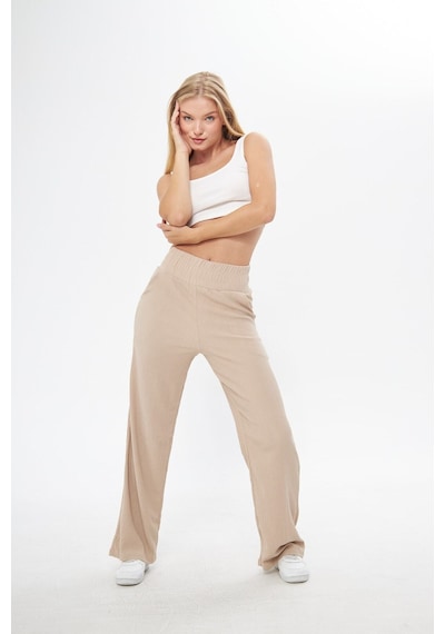 Thiff Gymwear Siyah Beli Lastikli Bol Paça Çift Cepli Yüksek Bel Bürümcük Örme Kadın Pantolon Bej
