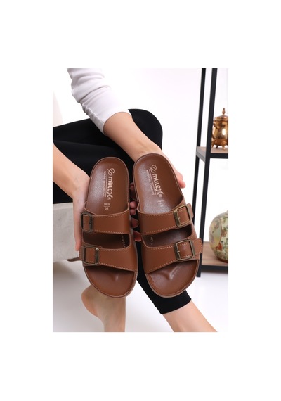 Mlx 10651 Çift Toka Kadın Terlik Comfort Anatomik Kadın Ev Dışarı Terliği - Taba