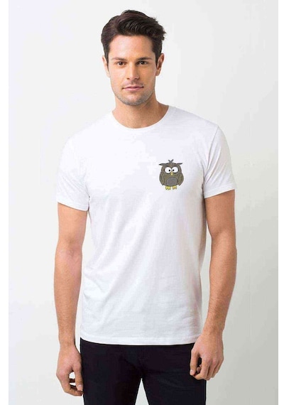 Owl Baykuş Göğüs Baskılı Beyaz Erkek Tshirt