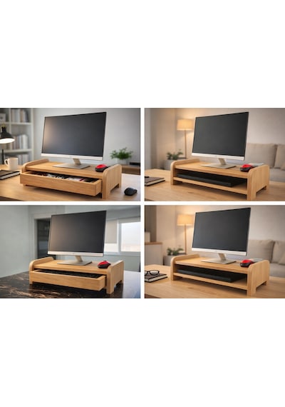 Ahşap Çekmeceli Monitör Standı Masaüstü Ergonomik Yükseltici Ve Düzenleyici
