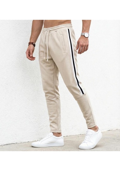 Plus Scorpion Erkek Slim Fit Pamuklu Eşofman Altı Yan Şerit Detaylı Günlük Bej