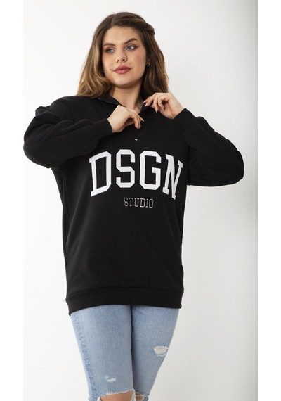 Şans Kadın Büyük Beden Siyah İçi Şardonlu Ön Pat Fermuarlı Nakışlı Sweatshirt 65n37207-siyah Siyah