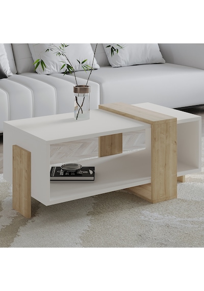 Meleni Orta Sehpa 90 Cm Modern Tasarım Raflı Beyaz/safir Meşe