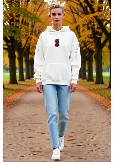 Ersefa Kadın Üç İplik Oversize Kapüşonlu Sweatshirt Maske Grafikli Arka beyaz