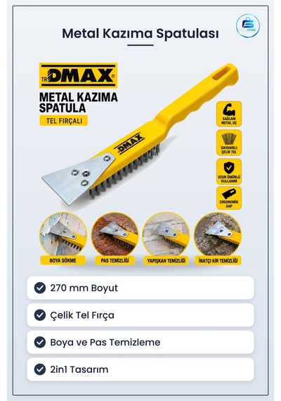 Metal Kazıma Spatula 270 Mm Çelik Tel Fırça 2in1 Boya Sökme Pas T