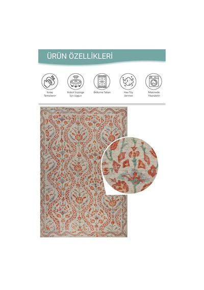 Artloop Nora Krem / Turuncu Çiçekli Dokuma Tabanlı Modern Şönil Halı Al 490 Krem - Turuncu