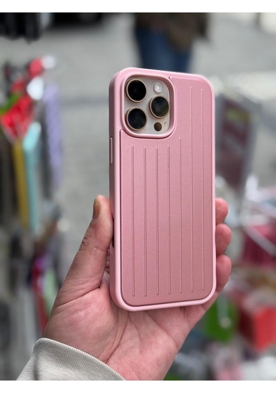 Apple Uyumlu iPhone 16 Pro Max Uyumlu Çizgili Valiz Desenli Premium Kılıf Pembe