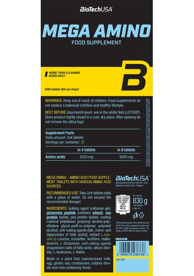 Bıotech Usa Mega Amino - 500 Tablets