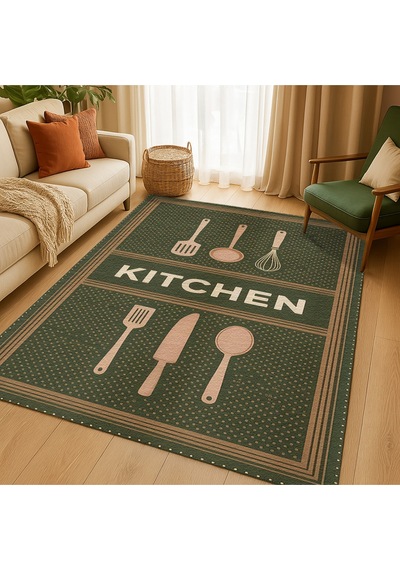 Turkıshrug Kıngdom Haki Kitchen Yazılı Halı Kaymaz Pamuk Taban, Dijital Baskı Çok Renkli