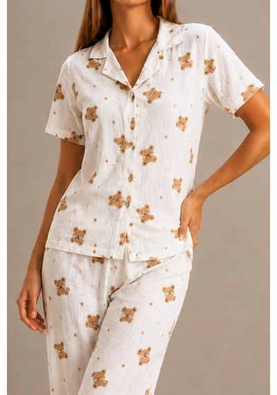 Kadın Kısa Kol Rahat Kalıp Şık Kırık Beyaz Pijama Takımı