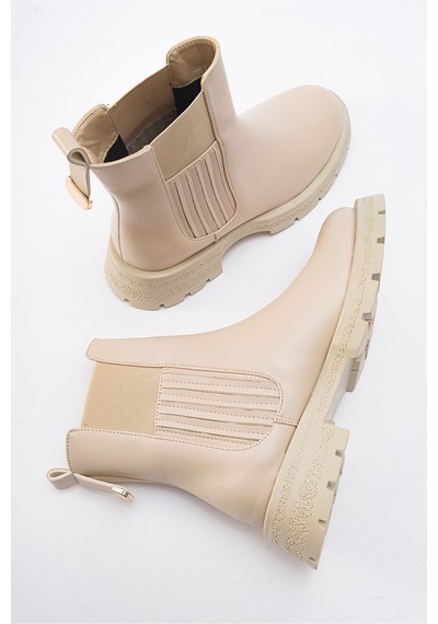 Luvishoes Denıs Bej Cilt Lastikli Kadın Chelsea Bot Bej