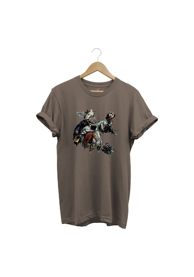 Avcılık Temalı English Setter Ve Kuş Baskılı %100 Pamuk Unisex Regular Fit T-shirt Kahverengi