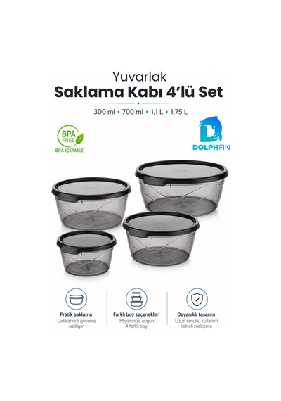 4 Lü Yuvarlak Saklama Kabı Seti 300 Ml 700 Ml 1,1 L 1,75 L Füme Şeffaf Bpa İçermez Siyah