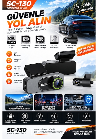 Sentinel Sc-130 2k 2 Kameralı Araç Kayıt Kamerası Gece Görüşlü 256gb Destek 24 Saat Park Modu