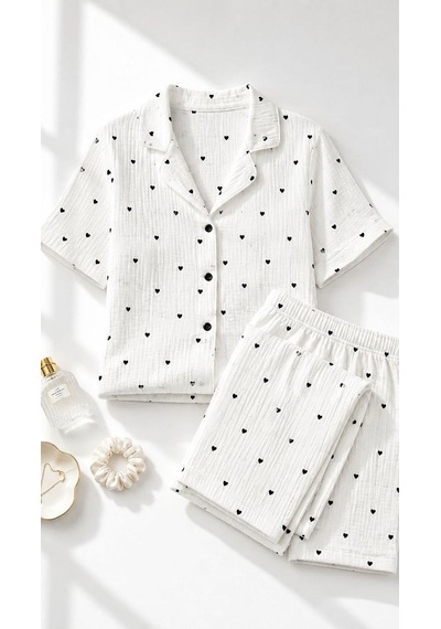 Suısy Noir Heart Siyah Kalp Desenli Şortlu Pijama Takımı
