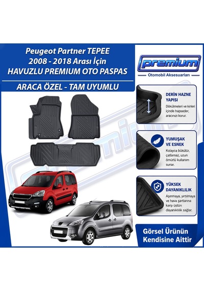 Peugeot Partner Paspas Araca Özel 2008-2018 Derin Havuzlu Premium Oto Paspas