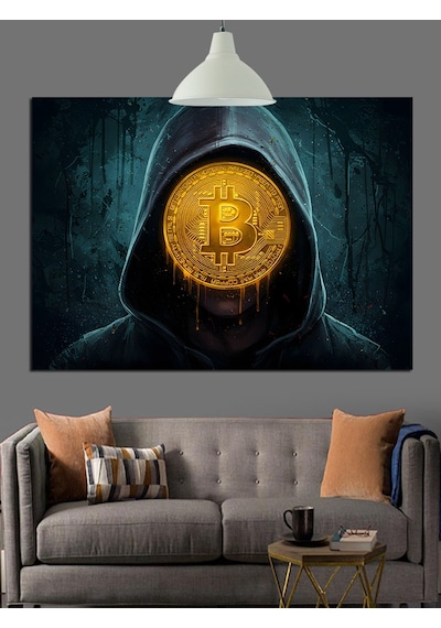 Bitcoin Sembolü Kapüşonlu Gizem Dekoratif Kanvas - Mdf Ahşap Tablo